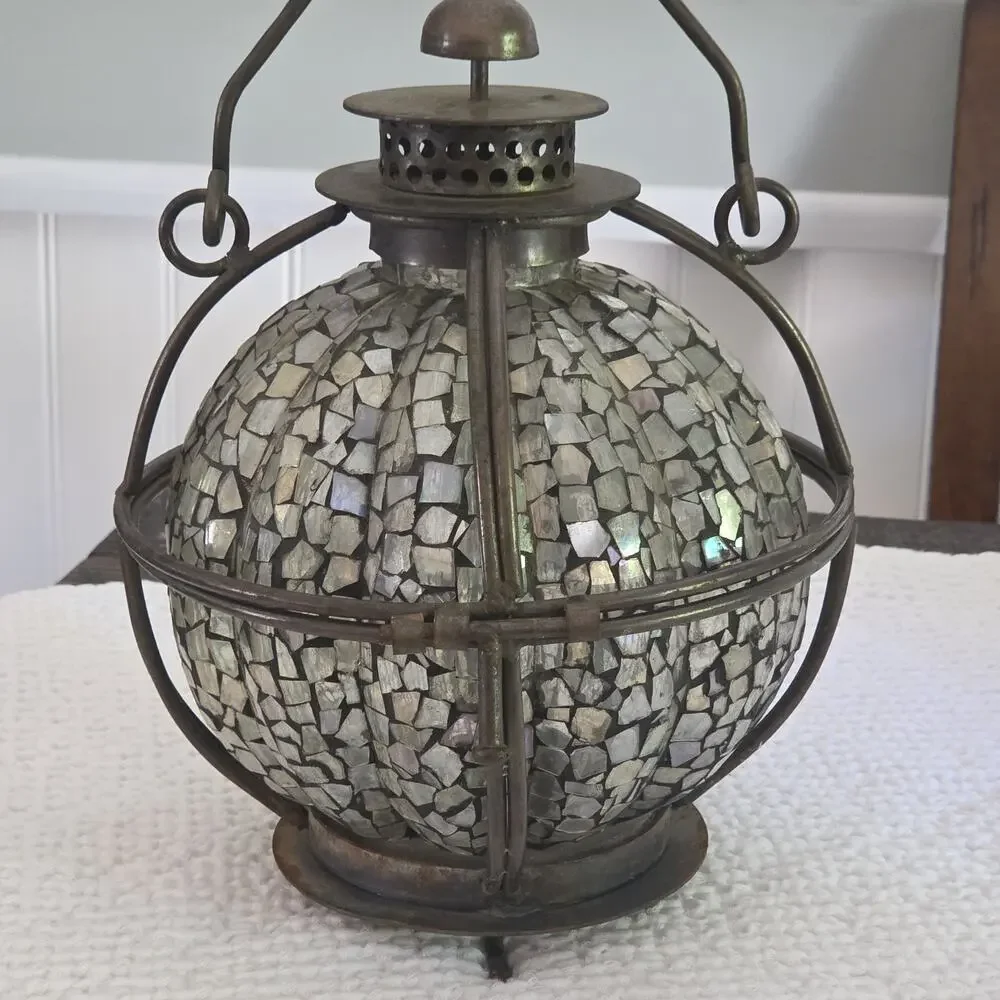 Caged Mosaic Glass Metal Lantern Footed Base Tea Light Pillar Candle Hanging